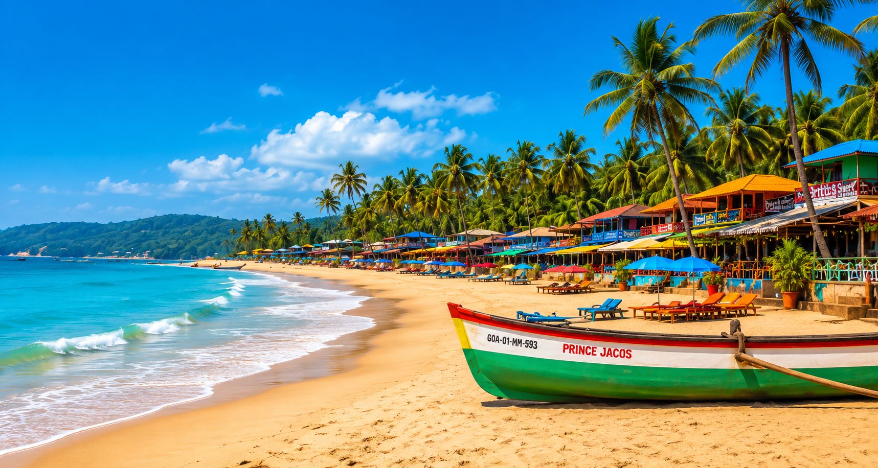 Goa tropical beaches with palm trees and beach cafes