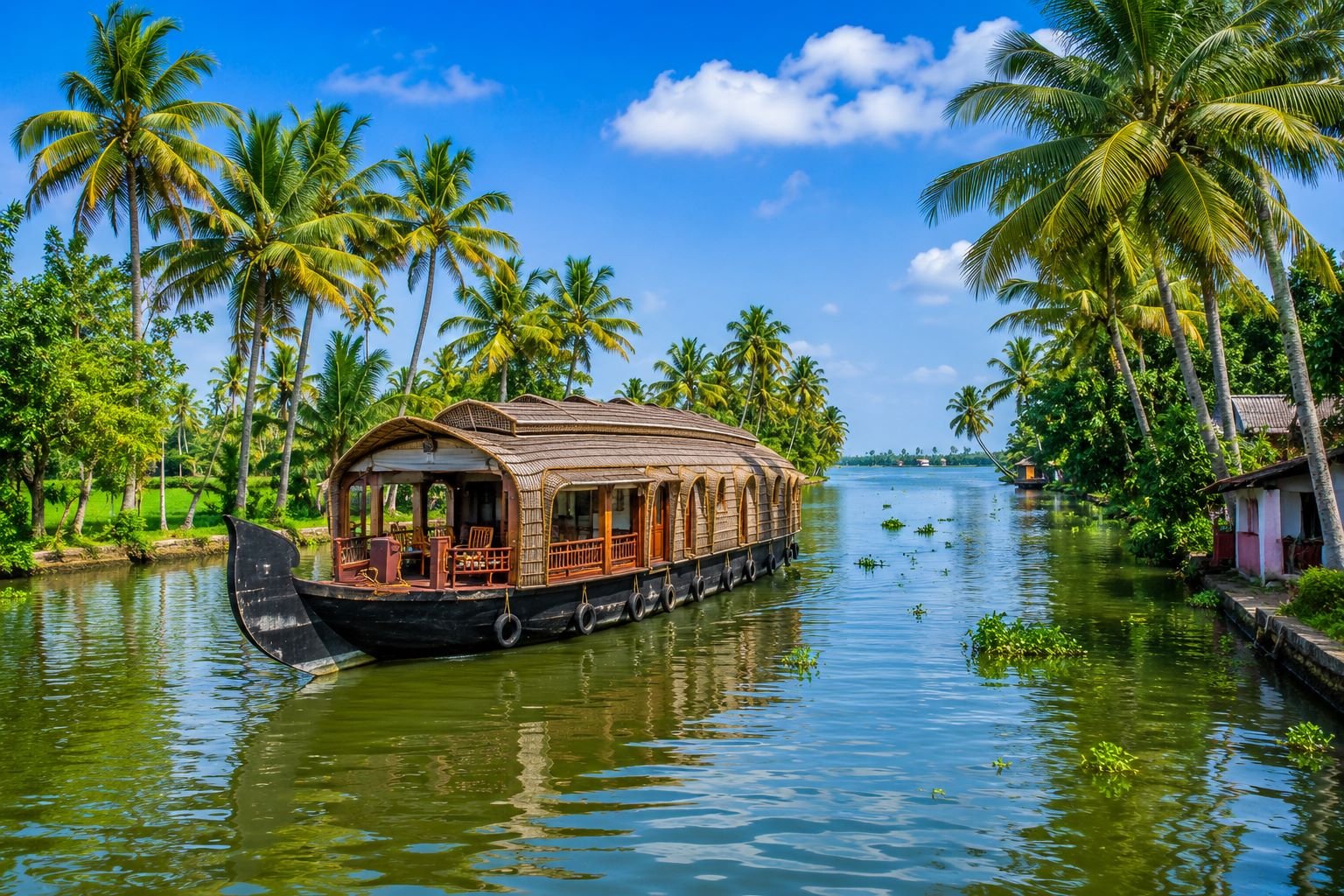 Kerala backwaters with traditional houseboats and tropical scenery