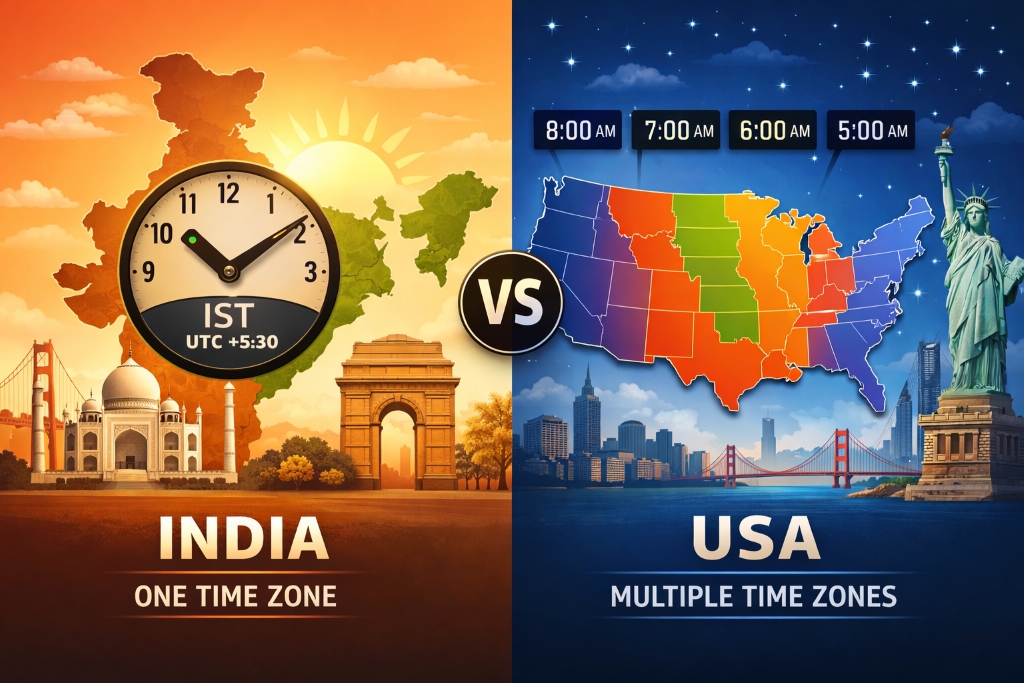 Comparison of India’s single time zone and the United States’ multiple time zones