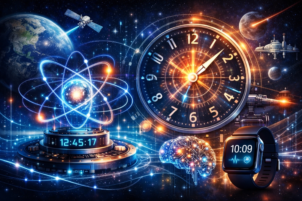 Future of time measurement technology showing atomic clocks, quantum timekeeping, AI synchronization, and space-based time sy