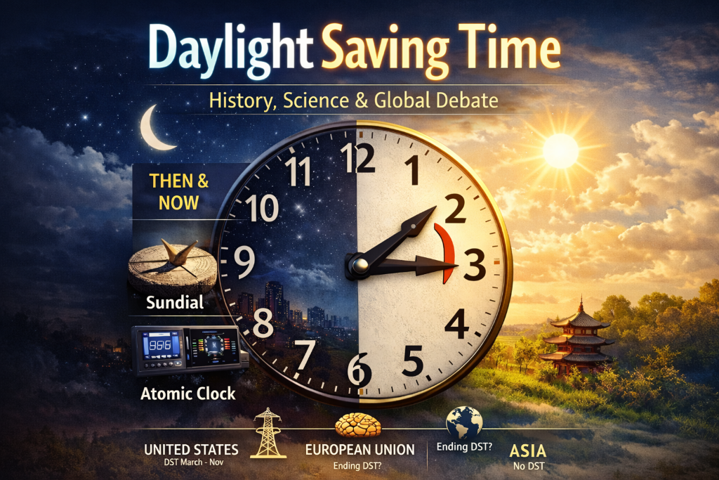 Daylight Saving Time infographic showing clock changes, global regions, and impact on health, energy, and timekeeping