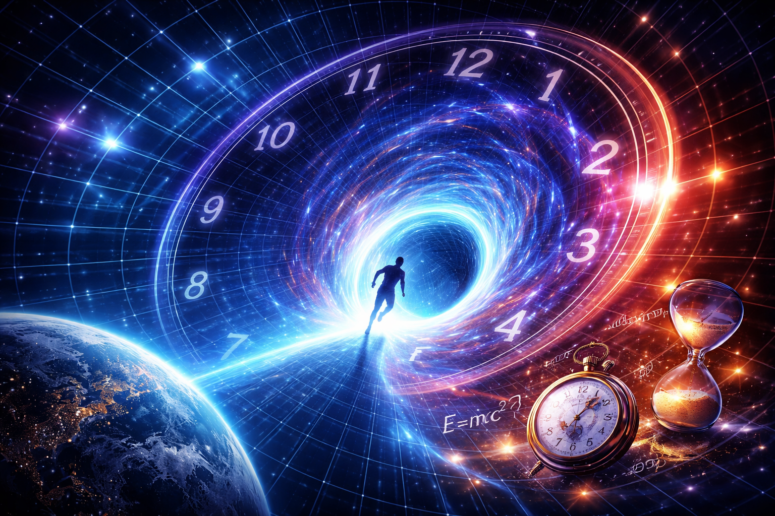 Time travel concept showing spacetime, wormhole, and clocks representing scientific theories of time travel