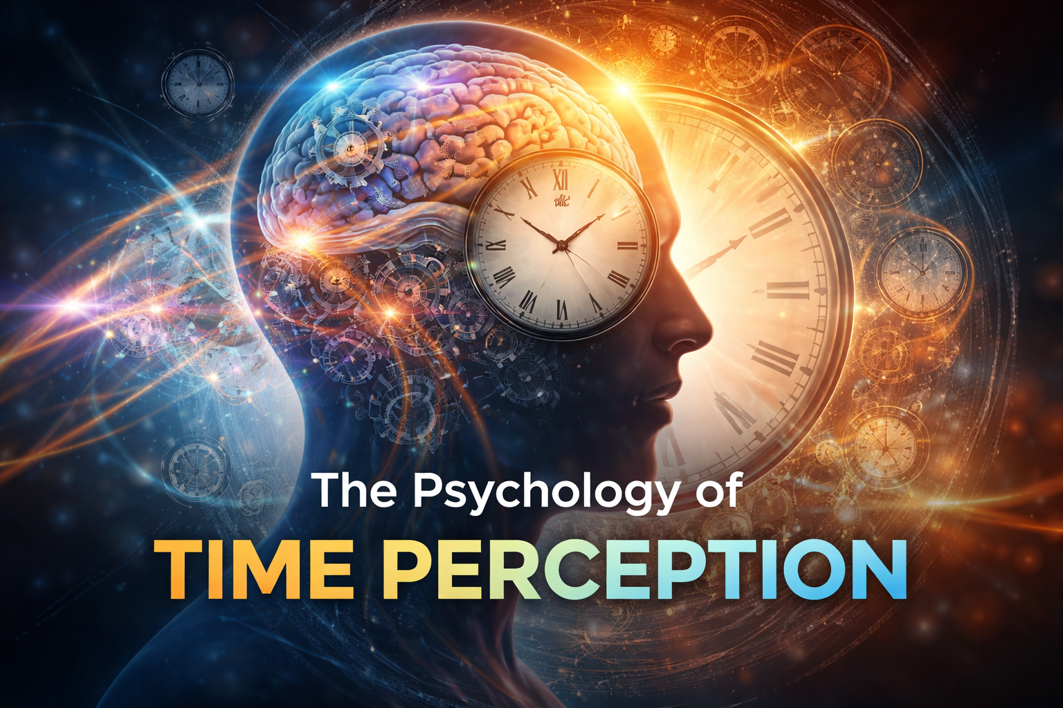 Illustration showing the human brain and clock representing the psychology of time perception