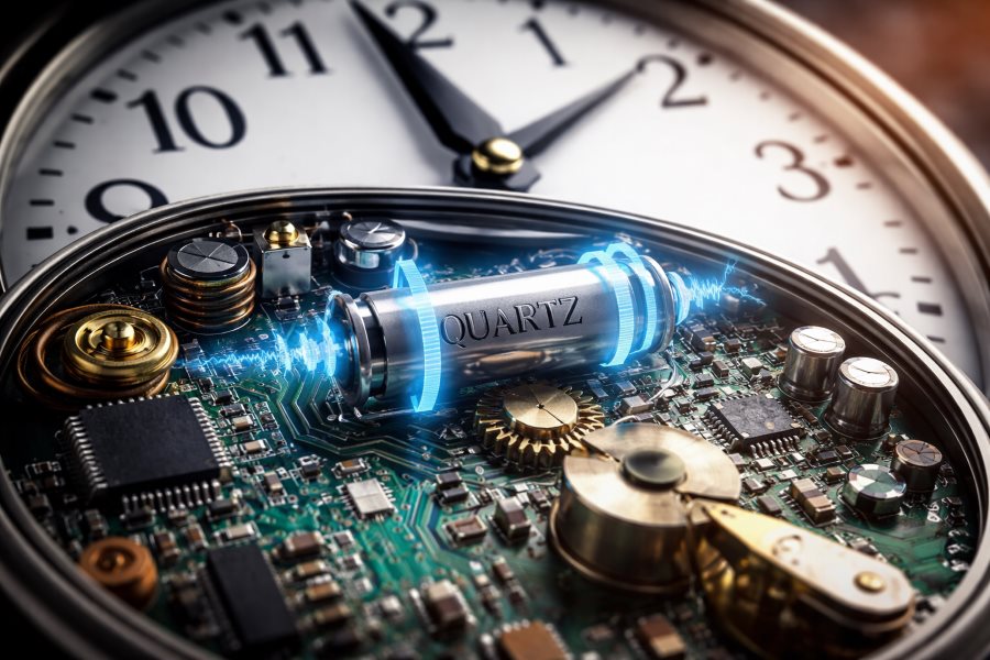 Quartz clock mechanism showing crystal oscillator and electronic components for precise timekeeping