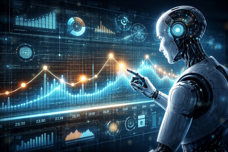 AI analyzing time-based data streams with futuristic graphs and digital timeline visualization