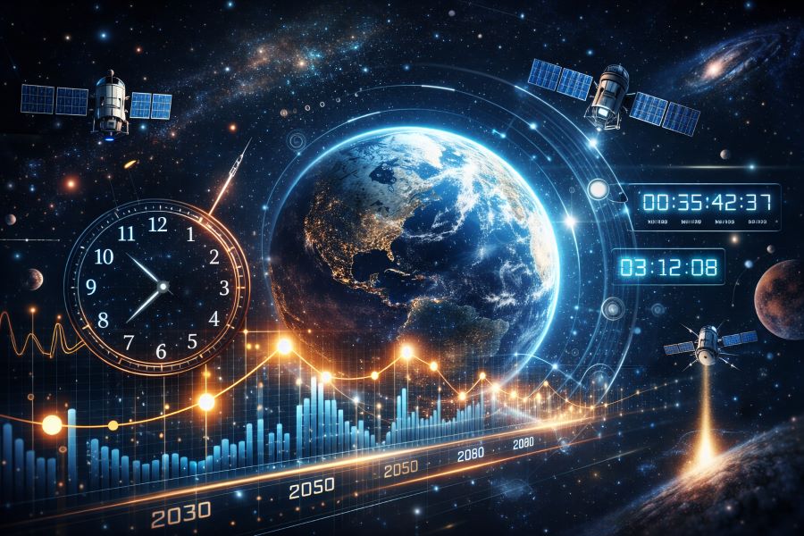 space exploration showing Earth, satellites, and digital time systems in a futuristic cosmic environment
