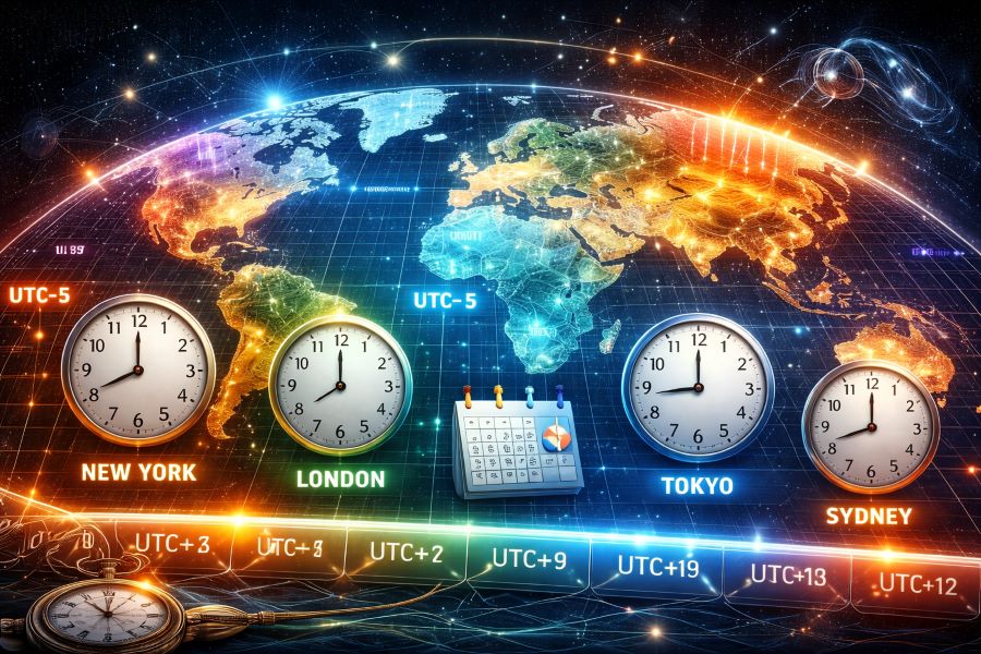 world map showing global time zones with clocks and day night regions across continents
