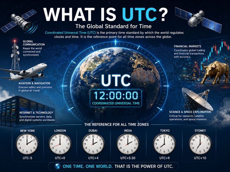 global map with UTC time standard showing clocks satellites and synchronized world time zones