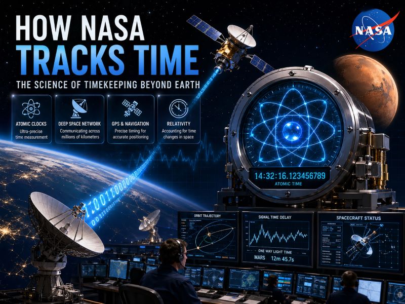 A futuristic space scene showing NASA spacecraft, atomic clock hologram, Earth and Mars connected with glowing time signals,