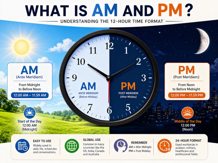 12-hour clock showing AM and PM with day and night concept illustration