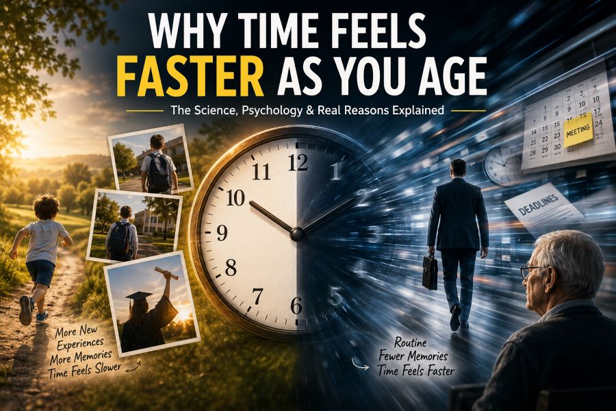 Illustration showing why time feels faster as humans age with clocks, memories, and aging concept