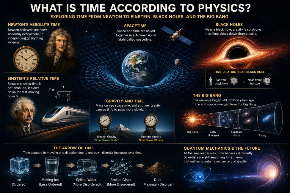 Illustration of spacetime, clocks, galaxies, black holes, and Einstein's theory explaining the nature of time.