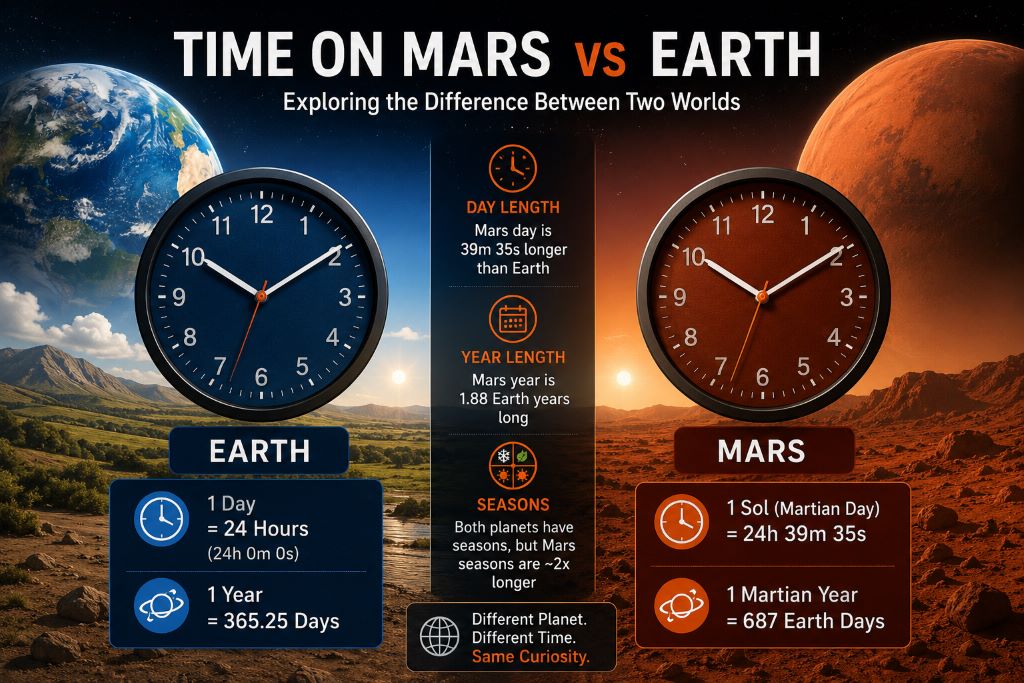 Comparison of time on Mars and Earth showing Martian sol, year length, seasons and planetary clocks