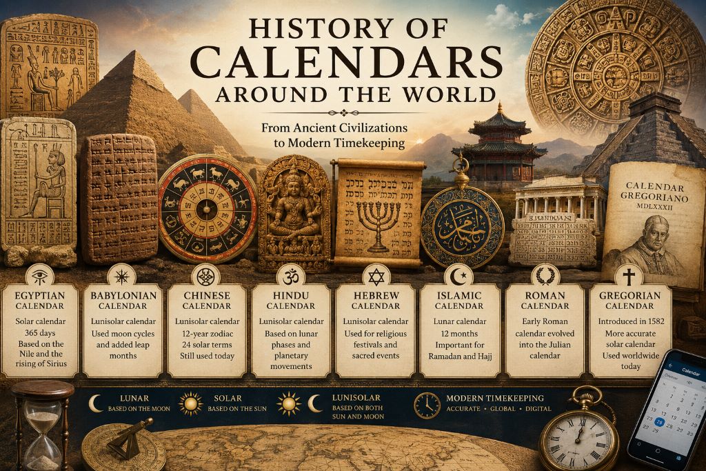 Illustration showing the history of calendars around the world including Egyptian, Roman, Chinese, Mayan, and Gregorian calen