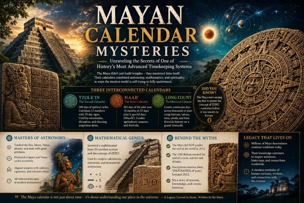 Ancient Maya calendar stone with Chichen Itza pyramid and astronomical symbols
