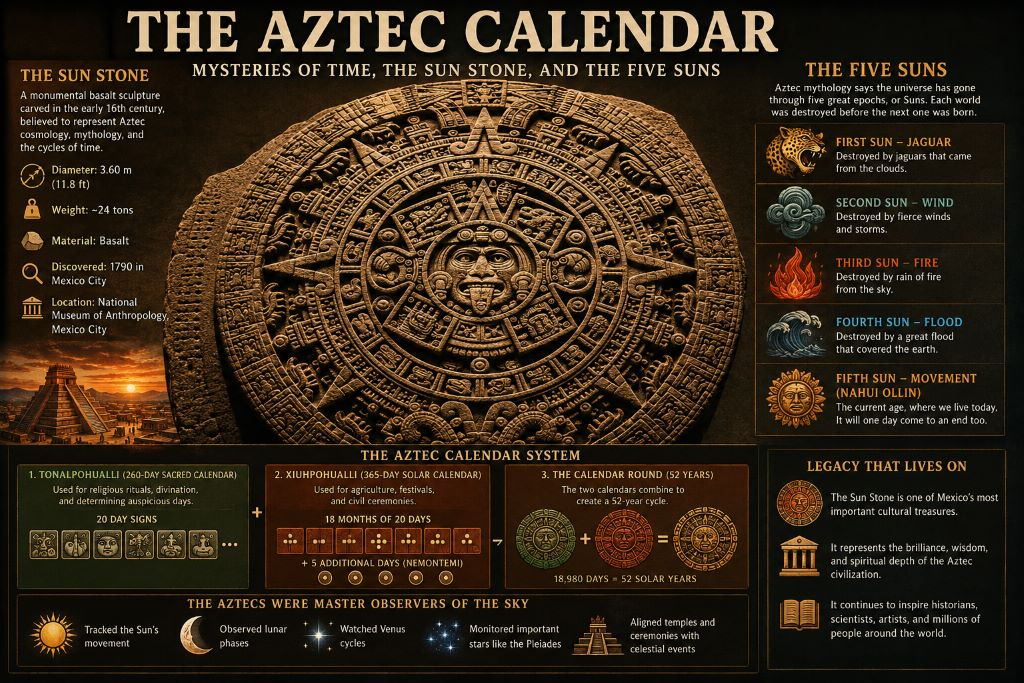 The Aztec Sun Stone featuring ancient calendar symbols and the Five Suns mythology carved into volcanic basalt