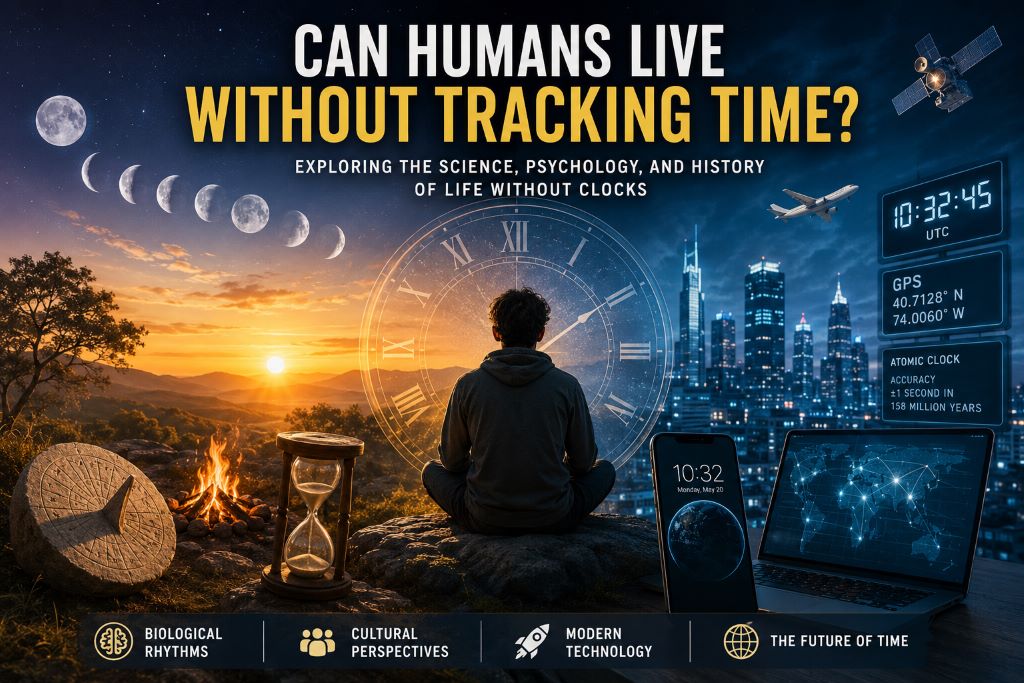 Illustration comparing natural timekeeping with modern clocks, showing human life without tracking time through biological rh