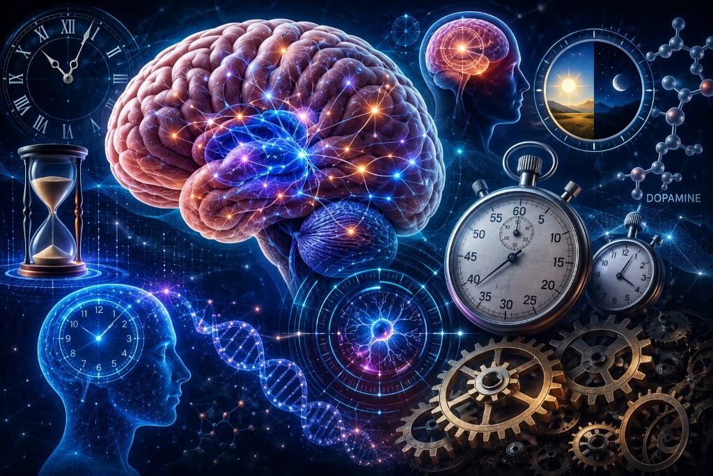 Scientific illustration of the human brain measuring time through neural networks, dopamine, and circadian rhythms.