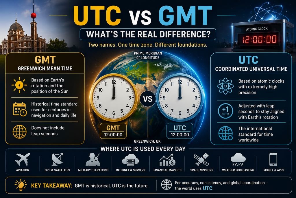 Illustration comparing UTC vs GMT with world map, Prime Meridian, atomic clock, and global time zones