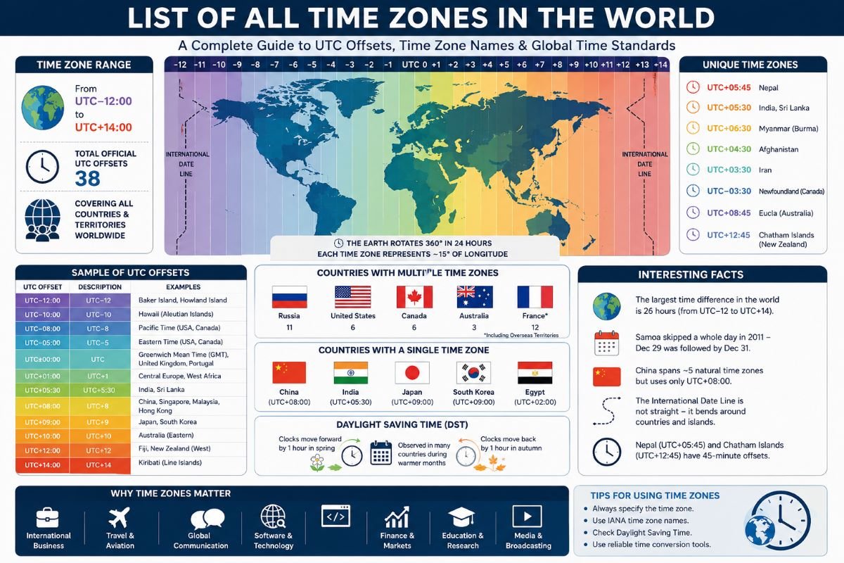 World time zones map showing UTC offsets, countries, major cities, and the International Date Line
