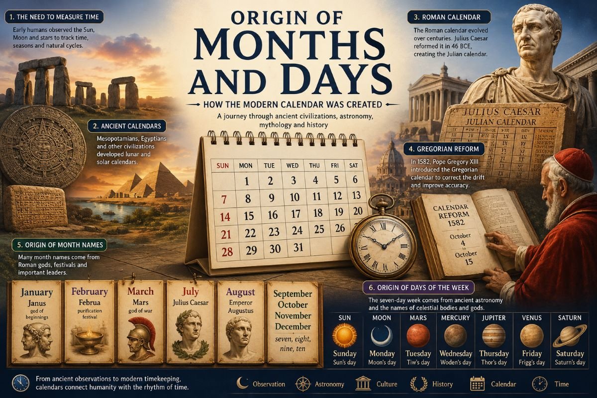 Origin of months and days and the history of the modern calendar