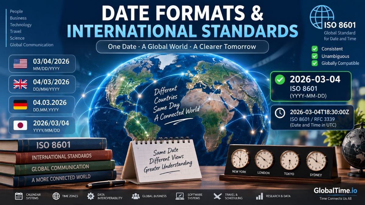International date formats showing ISO 8601 YYYY-MM-DD and global calendar standards
