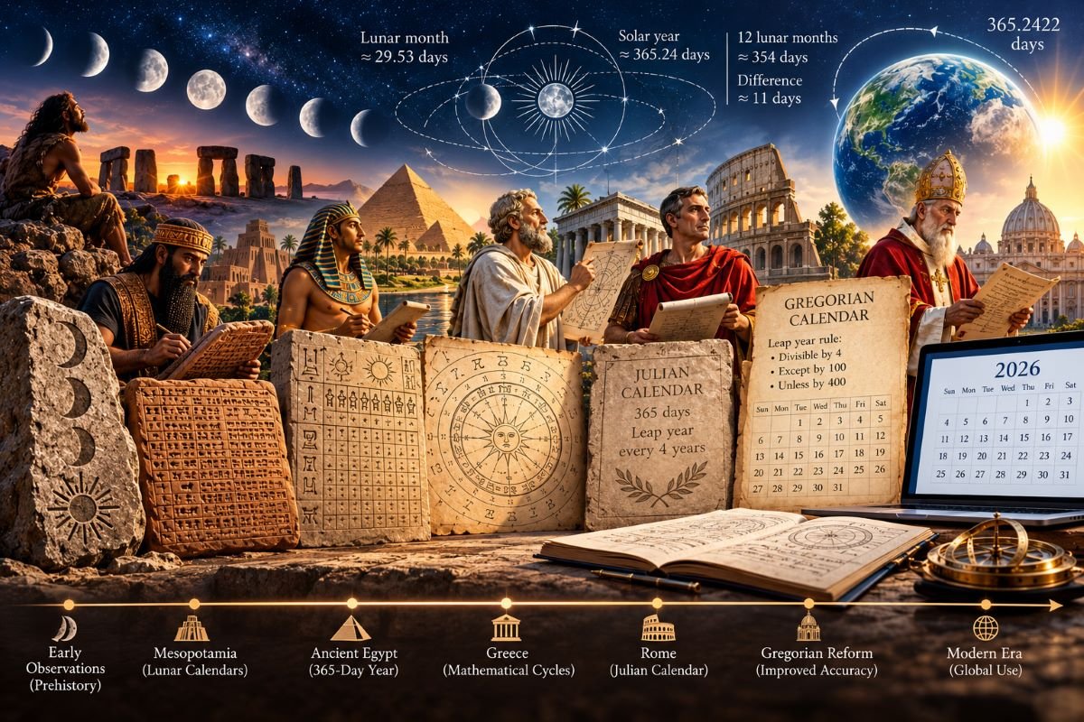 Illustration of ancient calendars, astronomical observations, and the evolution of calendar mathematics