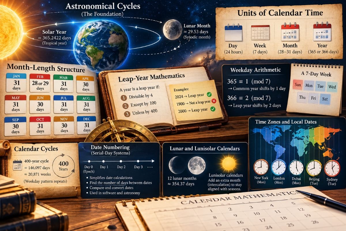 Calendar mathematics diagram showing months, leap years, weekday cycles, and date calculations