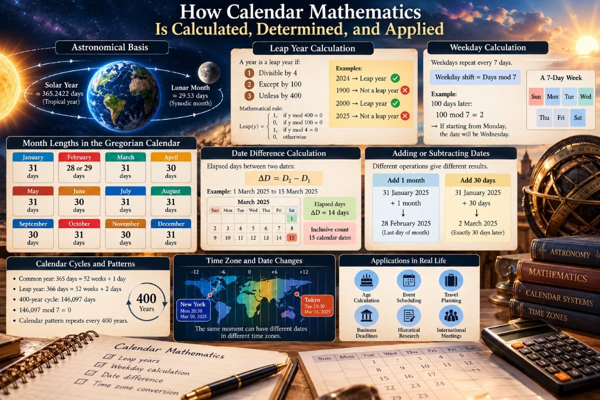 Calendar mathematics calculations illustrating leap years, weekday formulas, date differences, and time zones