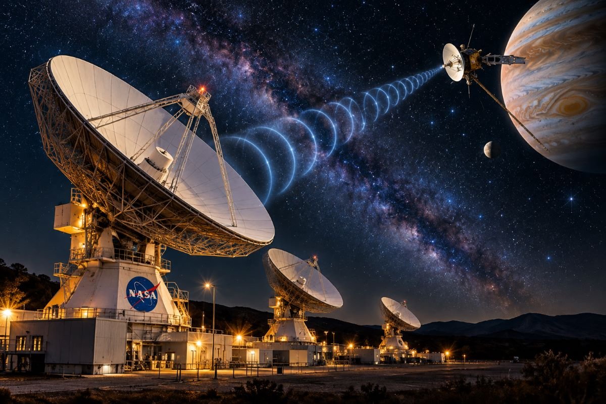 NASA Deep Space Network antenna receiving signals from distant spacecraft