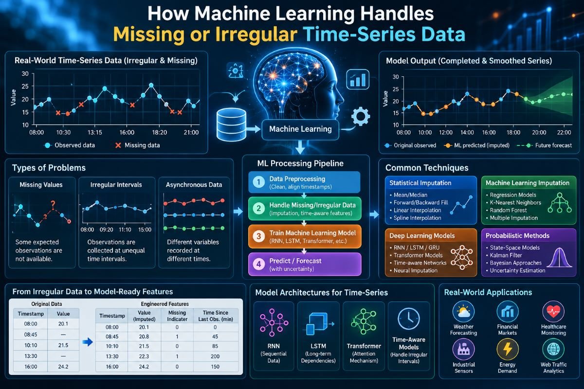 AI model analyzing incomplete time-series data with missing values, irregular timestamps, and prediction charts