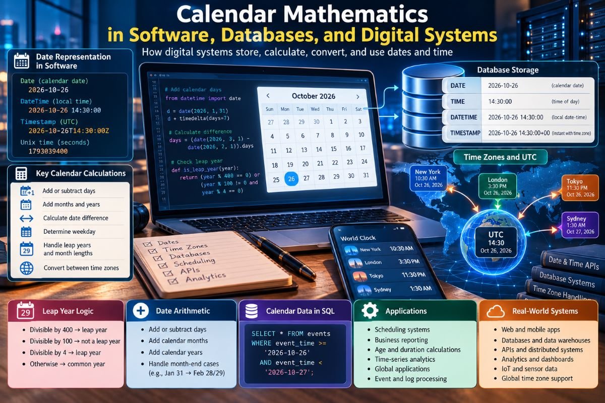 Digital calendar mathematics with database timestamps, UTC time zones, date calculations, and software scheduling
